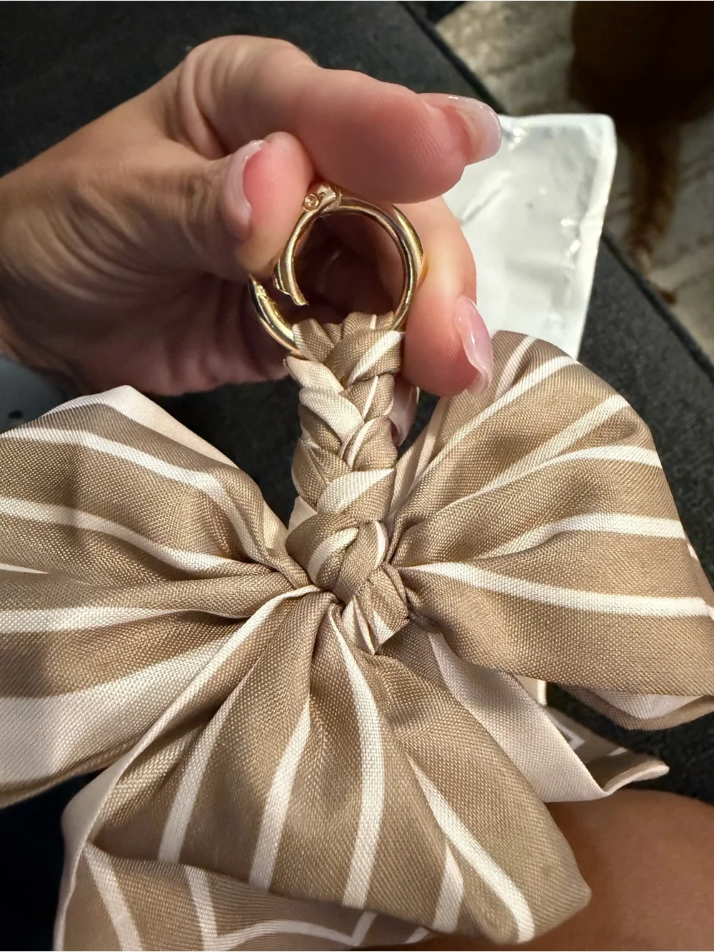 Striped Bow Keychain Charm - Taupe